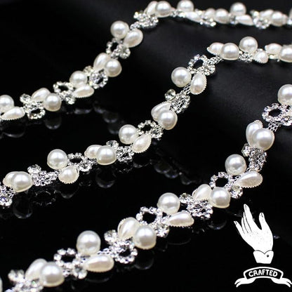 2 Yard Pearl Chain Silver Rhinestone Trim String Crystal Applique Fringe Ribbon Strips Beads Sewing Dress DIY Party Wedding Bouquet for Decoration Bridal Costume Embellishment