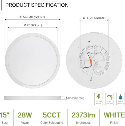 ASD LED 15" Round Flush Mount Ceiling Light Fixture, Low Profile Surface Lighting | 5CCT, Dimmable, Ultra-Thin, ETL Listed | 28W 2300LM 2700-6000K 100-277V | Kitchen, Hallway Lamp | White, 6 Pack