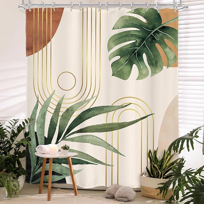 Glawry Mid Century Plant Shower Curtain Boho Botanical Tropical Abstract Minimalist Bohemian Leaves Bathroom Curtains Set Palm 72Wx78L Inches Bath Accessories Art Home Decor Fabric 12 Pack Hooks