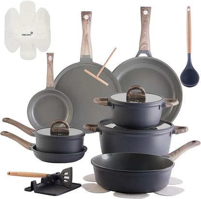 22Pcs Pots and Pans Set Non Stick Non-Toxic Ceramic Cookware Sets Nonstick Kitchen Pot&Pan With Lid Cream Gray Granite Induction Compatible with Glass Lids 10" Griddles Frying Pan PFOA/PFOS-Free