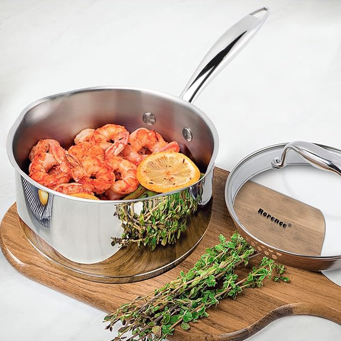 Rorence Stainless Steel Sauce pan: Saucepan with Pour Spouts, Capsule Bottom & Tempered Glass Lid - 2.5 Quart