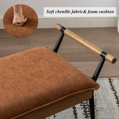 DUOMAY Modern Rectangle Ottoman Bench with Arms and Metal Legs, Mid Century PU Dining Table Bench Footstool Entryway Shoe Bench for Dining Room Bedroom Living Room, Brown