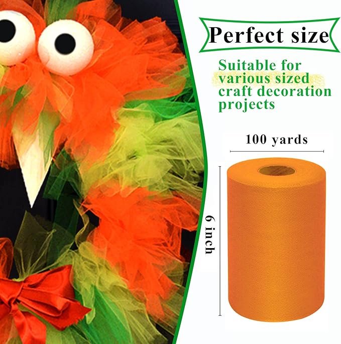 Orange Tulle Fabric Rolls 6 Inch by 100 Yards (300 feet) Fabric Spool Tulle Ribbon for DIY Orange Halloween Tutu Bow Baby Shower Birthday Party Wedding Decorations Christmas Craft Supplies