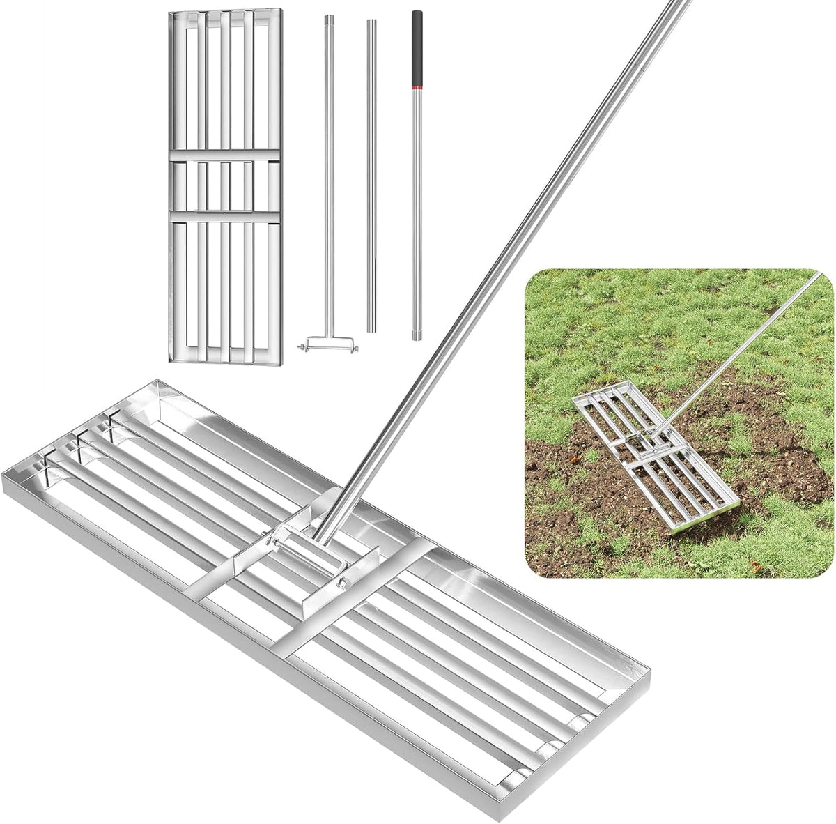 GreatBuddy Lawn Leveling Rake 30'' x 10", Heavy-Duty Stainless Steel Lawn Leveling Tool for Lawn, Soil, Sand, 78'' Extra Long Handle, Ideal for Yard, Garden