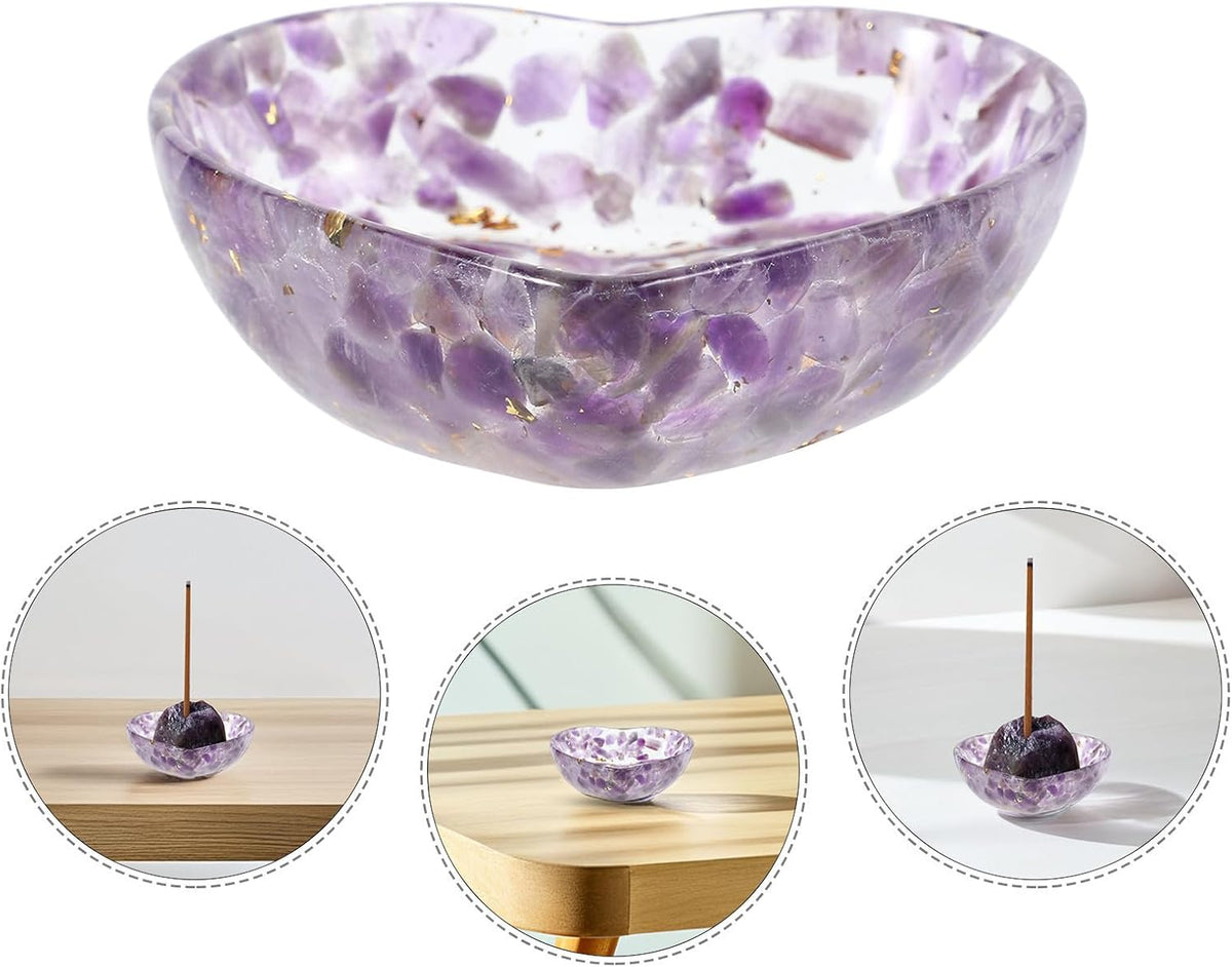 Unomor Heart Shaped Resin Candle Holder with Crystal Bowl Handpolished Decorative Candle Cup Base for Bedroom and Home Decor Unique Texture