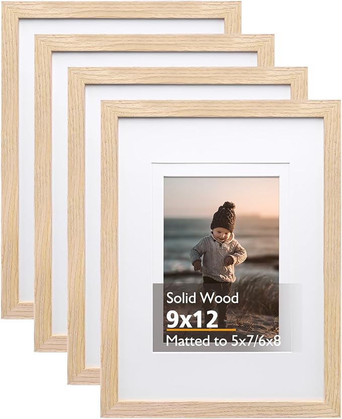KINLINK 9x12 Picture Frames Natural, Solid Wood Frames with Acrylic Plexiglass for Pictures 5x7/6x8 with Mat or 9x12 without Mat, Tabletop and Wall Mounting Display, Set of 4