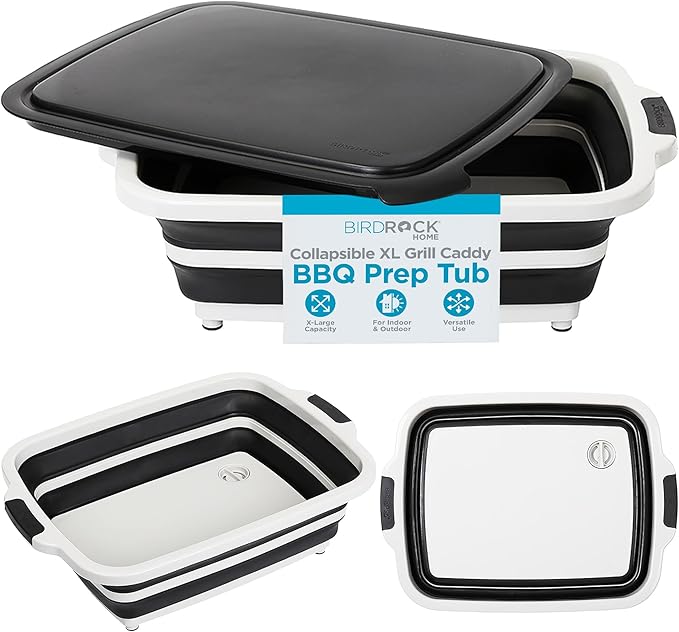 BIRDROCK HOME Collapsible XL BBQ Prep Tub w/Cutting Board, Multi-Function Grill Caddy w/Colander & Lid, Portable Silicone Dish Bowl for Picnic, Tailgate, Camping - Black
