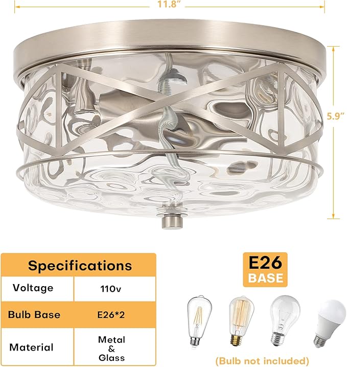 2-Light Flush Mount Ceiling Light Farmhouse Kitchen Island Ceiling Light with Bubble Glass Close to Ceiling Light Fixture for Living Room Bedroom Foyer Hallway