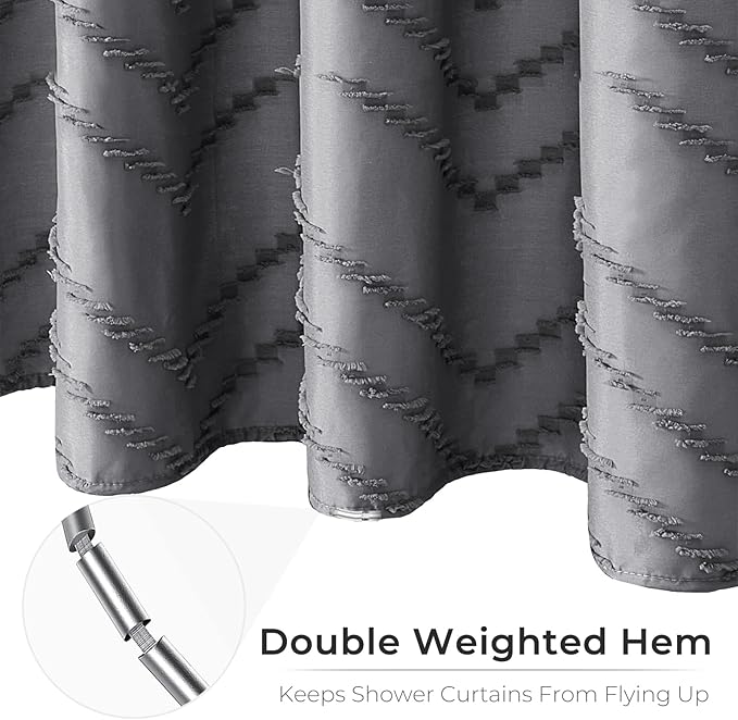 Extra Long Grey Boho Shower Curtain 96 Inch Grey Tufted Chevron Striped Fabric Shower Curtains for Bathroom Modern Shabby Chic Waterproof Cloth Shower Curtain Set with Hooks