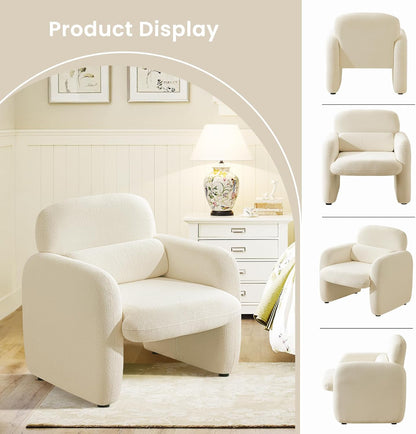 Furniliving 30.5" Chenille Accent Chair, Modern Upholstered Armchair with Solid Wood Legs, Comfy Reading Chair for Living Room Bedroom, Wide Single Sofa Chair（White，Set of 1）