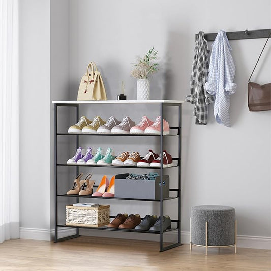 Garden 4 you 5 Tiers Shoe Rack,Multi-Purpose Adjustable Flat and Slant White Marble Freestanding Organizer Storage Rack Shoe Shelf, High Heels Potted Plant for Entryway Hallway Living Room Closet