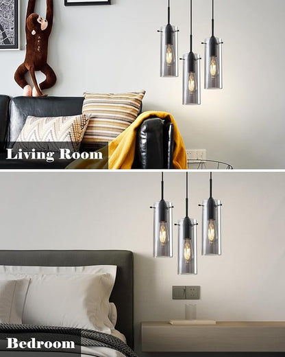 Smoke Gray Glass Pendant Light, Kitchen Pendant Lights 1 Pack, Kitchen Pendant Lighting Over Island, Modern Clear Hanging Pendant Light for Kitchen Island, Bedroom, Living Room, Bathroom