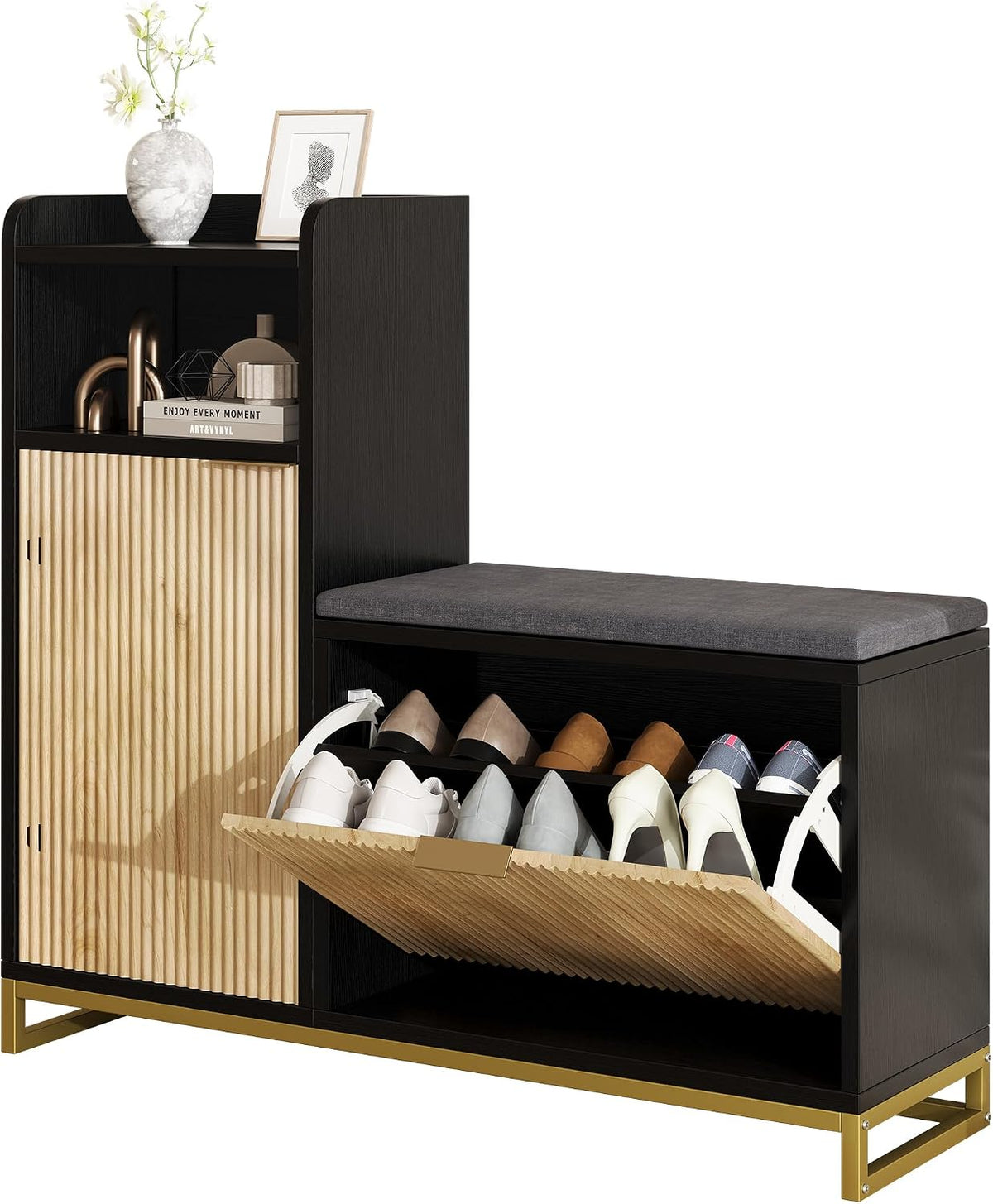 L-Shaped Shoe Storage Bench with Cushioned Seat & 2 Flip Drawer, 39'' Entryway Bench with Wave Door & Adjustable Shelves, Farmhouse Bench Cabinet for Entryway, Hallway (Natural & Black)
