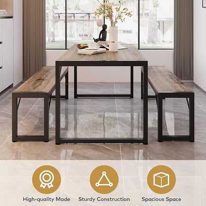 Gizoon 45.5" Dining Table Set for 4 with 2 Benches, Kitchen Table Set with Metal Frame & MDF Board, Space-Saving Dinette for Kitchen, Dining Room -Grey