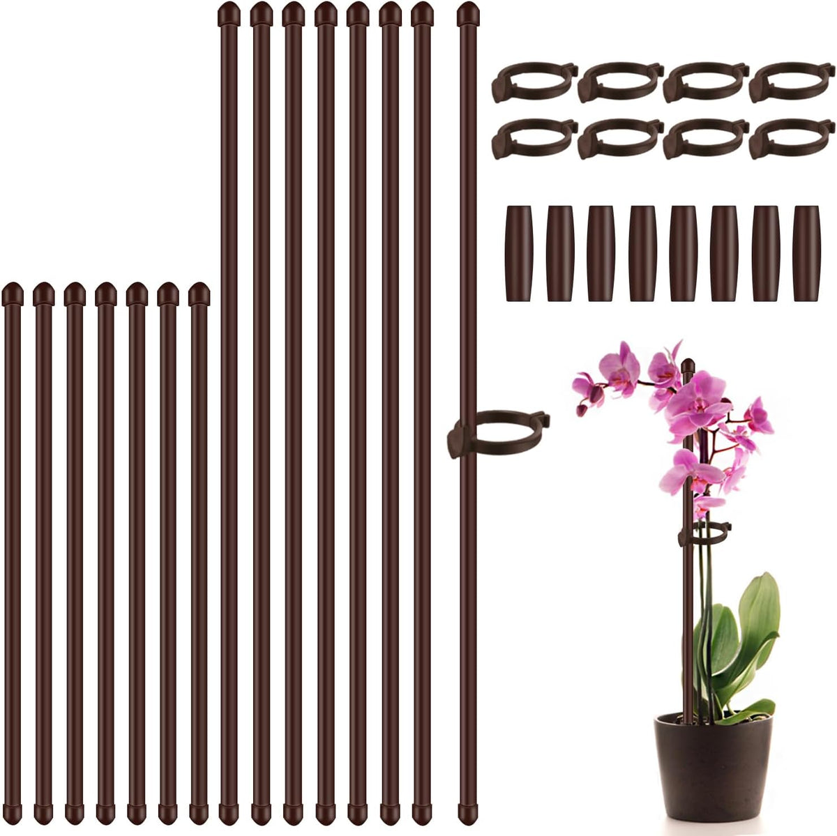 Plant Stakes 17inch &11inch SupKing 16Pcs Adjustable Flower Support Poles Brown Orchid Sticks with Clips for Indoor Outdoor Garden Potted Tomato Rose Amaryllis Vegetables Comes with 20 Ties