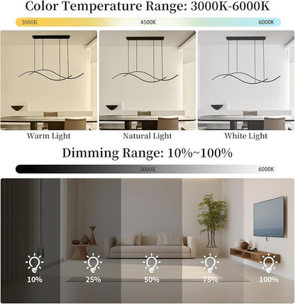 Modern Led Pendant Light, Dimmable Black Led Chandelier for Dining Room Light Fixture Over Table Creative Wave Pendant Light for Kitchen Island, Dining Room, Bedroom