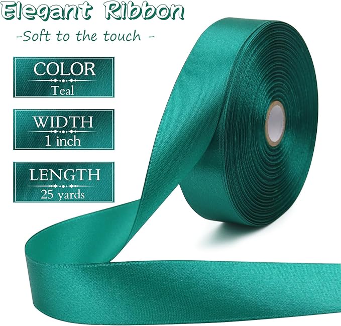 Teal Solid Satin Ribbon 1 Inch 50 Yards Solid Polyester Fabric Ribbon for Gift Wrapping Wedding Christmas Baby Shower Birthday Party Decoration Handmade Immortal Flower Craft