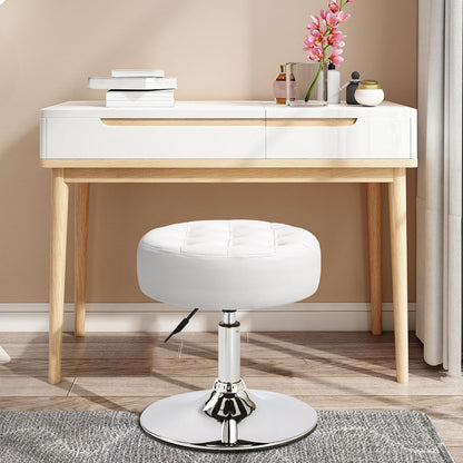 360° Swivel PU Leather Vanity Stool, White Makeup Chair for Bedroom, Large Round Ottoman Stool