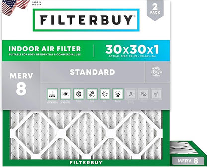 Filterbuy 30x30x1 Air Filter MERV 8 Essential Dust & Allergy Defense (2-Pack), Electrostatic Pleated HVAC AC Furnace Filters Replacement, Made in USA (Actual Size: 29.50 x 29.50 x 0.75)