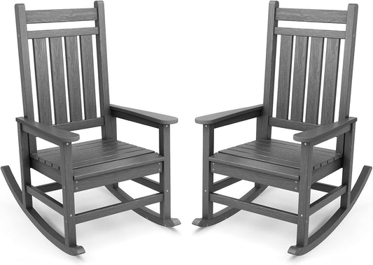 SERWALL Outdoor Rocking Chair Set of 2, HDPE Rocking Chairs for Adult, Grey | 21.1" Widened Seat adds Extra Comfort, Oversized Rocking Chair for Adults, All Weather Porch Rocker for Lawn Garden