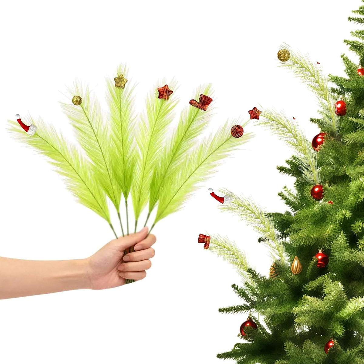 15.7 Inch Christmas Tree Topper with 12 Pcs Green & Red Picks - Fluffy Pampas Grass Xmas Decor for Tree, Vase Fillers, Holiday Party & Home Decorations