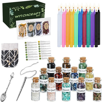 KINGBOCH Witchcraft Supplies Box for Wiccan Spells, 61PCS Witchcraft Starter Kit, Spell Candles&Crystals&Dried Herbs& Magic Wand Necklace, Versatile Tools Gifts for Beginner Experienced