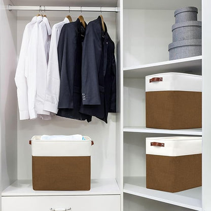 Large Fabric Storage Baskets | 50L Storage Bins, Decorative Linen Closet Baskets with Handles for Organizing, Shelf, Toys, Clothes, Home, Office, Nursery, 17x12x15Inches (Brown&White)