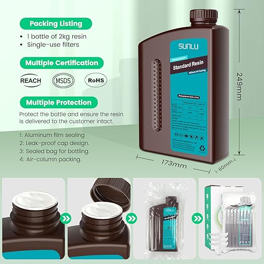 SUNLU 3D Printer Resin 2kg, Fast Curing Standard 3D Resin for LCD DLP SLA Resin 3D Printers, 395 to 405nm UV Curing 3D Printing Liquid Photopolymer Resin, Low Shrinkage, High Precision, 2000g, Black