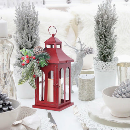 Christmas Decorations for Home, Decorative Christmas Lantern Indoor Outdoor Decor, Metal Hanging Candle Holder with Xmas Teardrop Wreath and LED Candle for Table Centerpieces, Patio (Red)