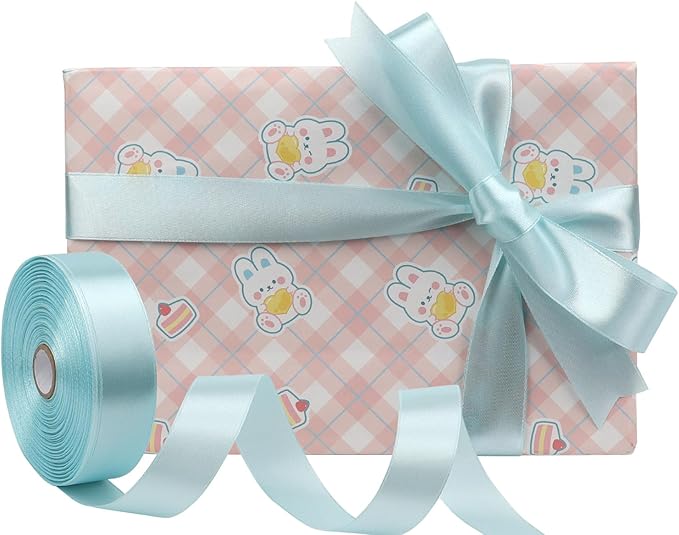 Light Blue Solid Satin Ribbon 1 Inch 50 Yards Solid Polyester Fabric Ribbon for Gift Wrapping Wedding Christmas Baby Shower Birthday Party Decoration Handmade Immortal Flower Craft