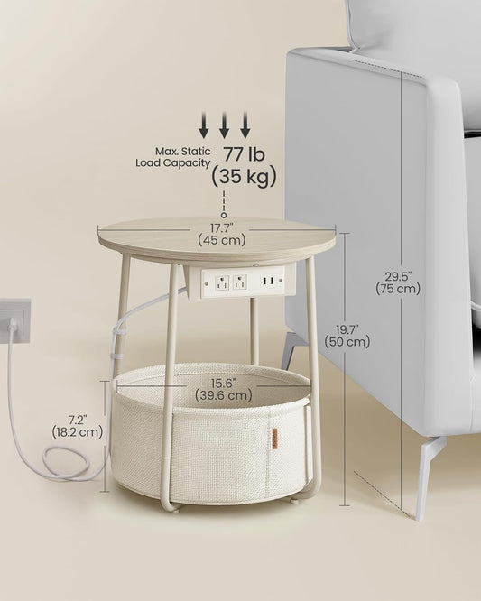 VASAGLE LILEA Collection - Side Table with Charging Station, Round End Table with Fabric Basket, Nightstand with USB Ports, for Living Room, Bedroom, Modern, Cream White ULET228N01