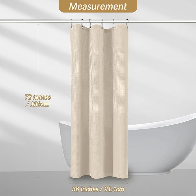 Beige Fabric Shower Curtain - Waffle Textured Heavy Duty Shower Curtains for Bathroom, 256GSM Hotel Spa Luxury Weighted Bath Curtain with 6 Hooks, 36x72, Beige
