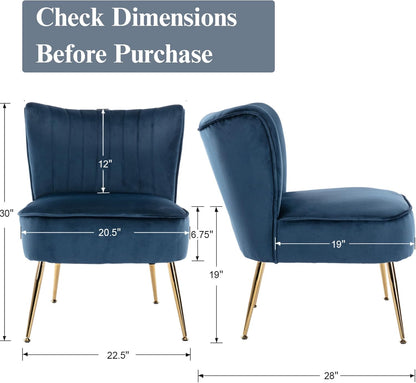Velvet Accent Chair Set of 2 Comfy Living Room Chair Armless Slipper Chair Mid Century Side Single Sofa Chair with Golden Legs Wingback for Bedroom Guest Room, Blue