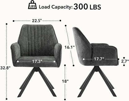 Furniliving Swivel Dining Chairs Set of 2, Upholstered Dining Room Chairs with Arms, 360° Swivel Dining Chairs with Metal Frame, Modern Kitchen Chairs for Lounge, Chenille, Darkgrey