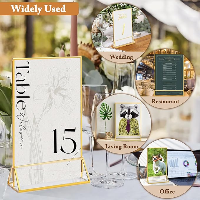 Floroom 6 Pack 5x7 Inch Clear Acrylic Sign Holders, Double-Sided Gold Display Stand Picture Frames for Table Numbers, Menus, Flyers, Weddings, and Offices