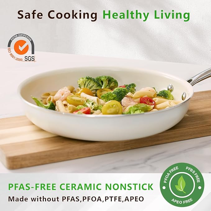 8" Ceramic Nonstick Frying Pan, Small Skillet, Cooking Pan Non Toxic with Stay Cool Handle for Induction, PTFE & PFAS & PFOA Free, Dishwasher/Oven Safe, White
