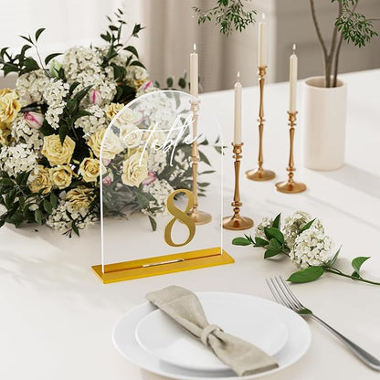 Arch Wedding Table Numbers 1-30 with Stands, Elegant Gold Number 5.5 x 7” Arch Acrylic Signs with Holder, Clear Acrylic Table Numbers for Wedding Reception, Anniversary, Party, Events