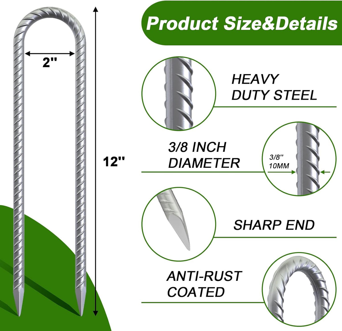 AAGUT 12 Inch Trampoline Stakes 6 Pack 3/8" U Shaped Rebar Ground Anchors Heavy Duty High Winds Galvanized Steel Trampolines Accessories for Swing Set, Camping, Soccer Goal, Huge Garden Decoration