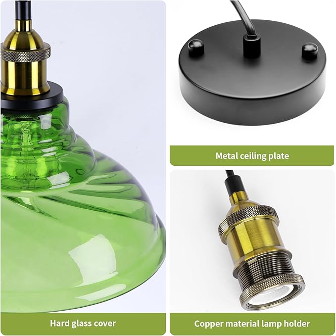 Vintage Pendant Light, Mid Century Modern Pendant Light with Hand Blown Green Glass Shade,Gold 1-Light Farmhouse Chandelier Ceiling Hanging Light fixtures for Dining Room Bedroom