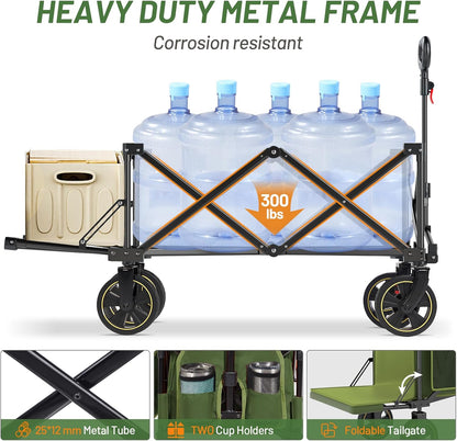 Timber Ridge 49" Extra Long Collapsible Folding Wagon with Tailgate and Brakes, 300lbs Heavy Duty Foldable Wagon with Adjustable Handle, 250L Capacity Portable Cart for Outdoor Camping Sports, Green