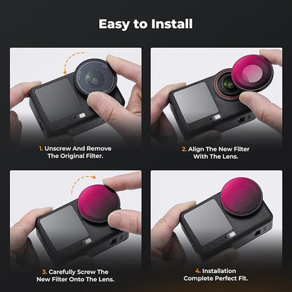 K&F CONCEPT ND/PL Filter Kit Compatible with DJI Osmo Action 6, 4Pack ND8/PL ND16/PL ND32/PL ND64/PL Screw On Polarizing Neutral Density Filter HD Optical Glass/Multi-Coated Action Camera Accessories