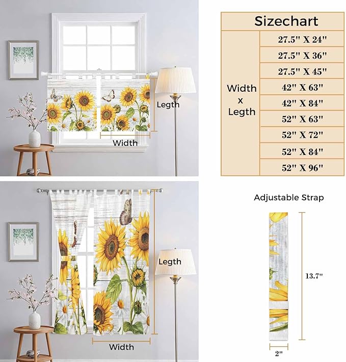 Yellow Sunflowers Bedroom Curtains 63 Inch Length, Window Curtains Tab Top, Vintage Country Flowers Butterfly Wood Board Light Filtering Window Treatments Drapes 42"x63" 2 Panel
