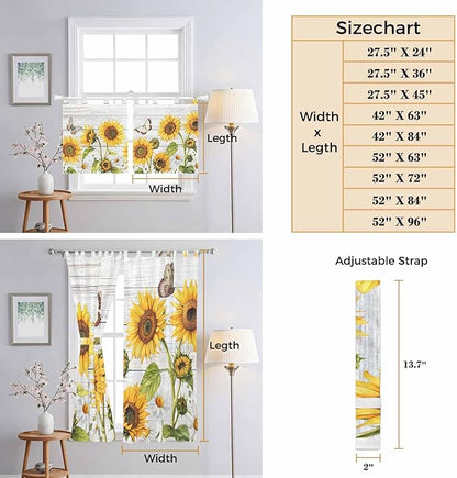 Yellow Sunflowers Kitchen Curtains 36 Inch Length, Small Window Curtains Tab Top, Vintage Country Flowers Butterfly Wood Board Light Filtering Short Window Treatments Tier Drapes 27.5"x36" 2 Panel