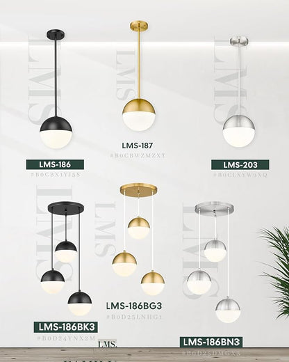 LMS Farmhouse Pendant Light Fixtures, Brushed Nickel Pendant Light with Globe Glass, Adjustable Hanging Lighting for Kitchen Island, Bedroom, Bathroom, LMS-203