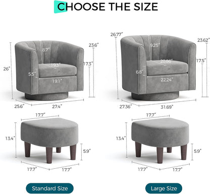 LINSY Large Swivel Accent Chair with Ottoman, Velvet Barrel Chair with Footrest, Modern Upholstered Comfy Reading Chair Armchair for Living Room, Bedroom, Study Room, Office, Grey