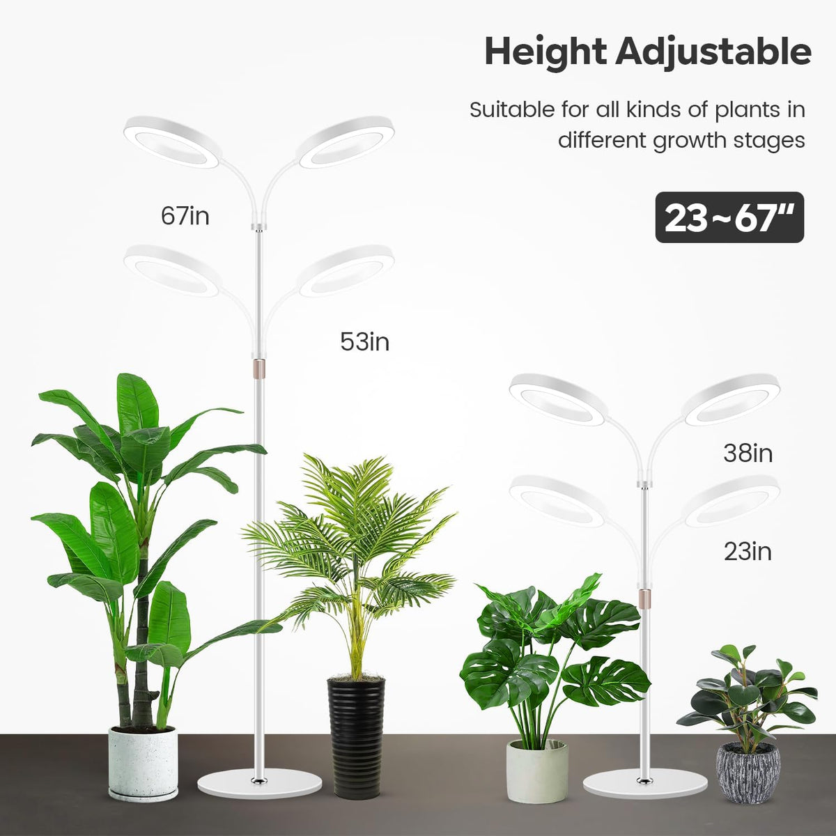 Garpsen Grow Lights for Indoor Plants, Dual-Head Full Spectrum LED Plant Light with Stand, 3 Color Modes Grow Lamp with Timer 6/12/16H, 5 Dimmable Levels, 168 LEDs and 67''Height Adjustable(White)