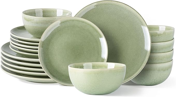 AmorArc Ceramic Dinnerware Sets for 6, 18 Pieces Handpainted Plates and Bowls Set, Scratch Resistant Stoneware Dishes Set, Dishwasher & Microwave Safe, Olive Green