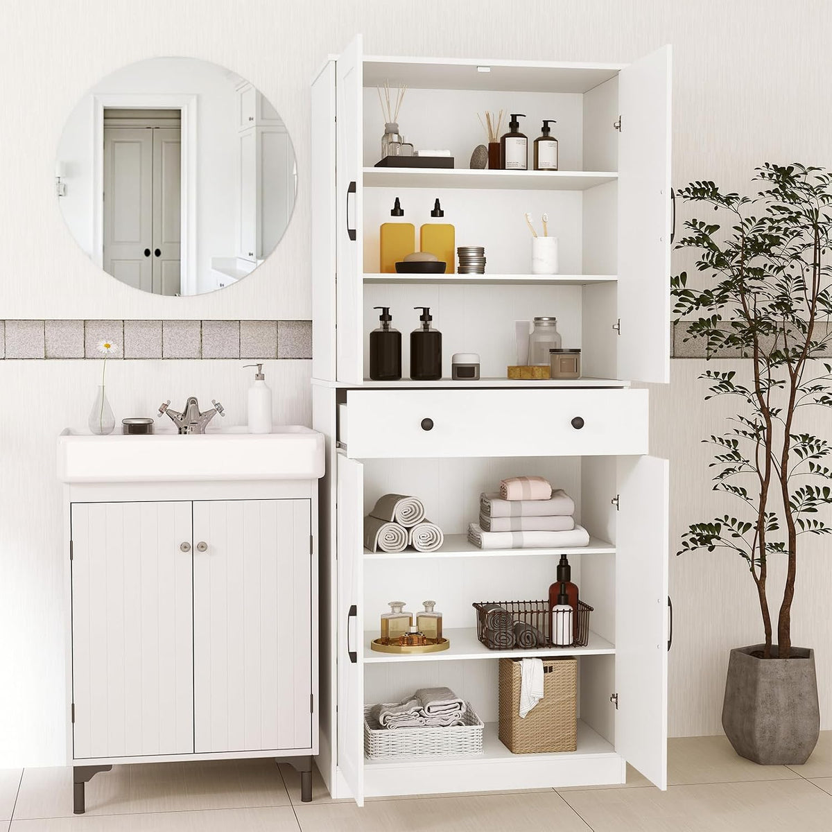 GOFLAME 72” Tall Pantry, Modern Farmhouse Cupboard Cabinet with 4 Barn Doors, Storage Drawer & 3 Adjustable Shelves, Versatile Storage with Anti-TIPP Kits for Living Room, Dining Room, White
