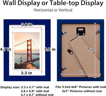 KINLINK 5x7 Picture Frame Navy, Solid Wood Frames with Acrylic Plexiglass for 3.5x5/4x6 with Mat or 5x7 without Mat, Tabletop and Wall Display Photo Frame Set of 4