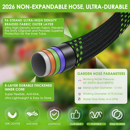 HORTICORA Garden Hose 100 ft, Non-Expandable Ultra-Lightweight Flexible Hose with 360° Dual-End Anti-Kink Design, 10-Pattern Spray Nozzle, 500 PSI Leak-Proof, 96-Strand Braided Fabric, Storage Strap